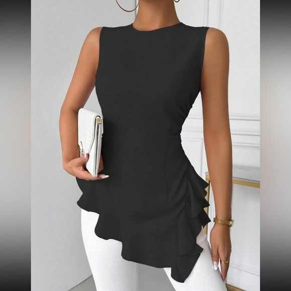 Luxe pink round neck ruffle hem sleeveless blouse - Picture 7 of 16